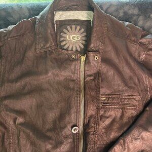 UGG Australia Leather Jacket L Brown Distressed Look Zip Front Pockets